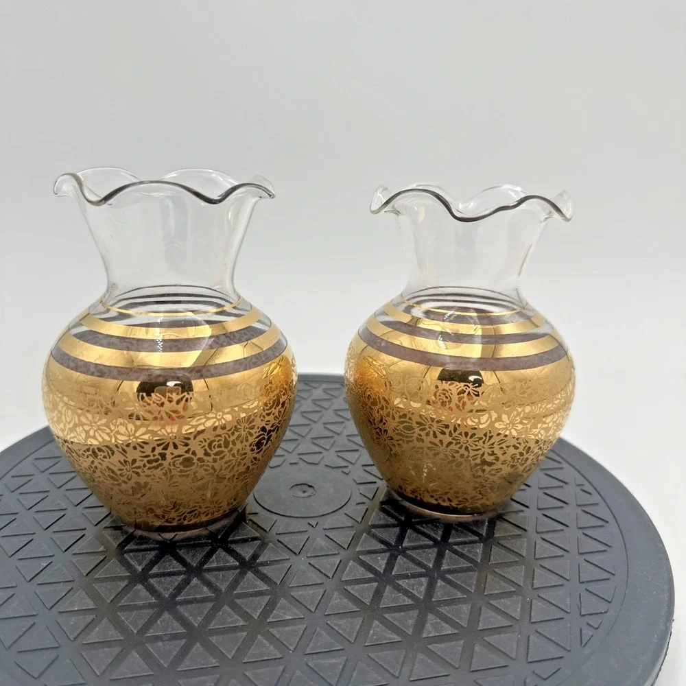 Set Of 2 Vintage Ransgil Crystal Gold Floral Design Glass Vase